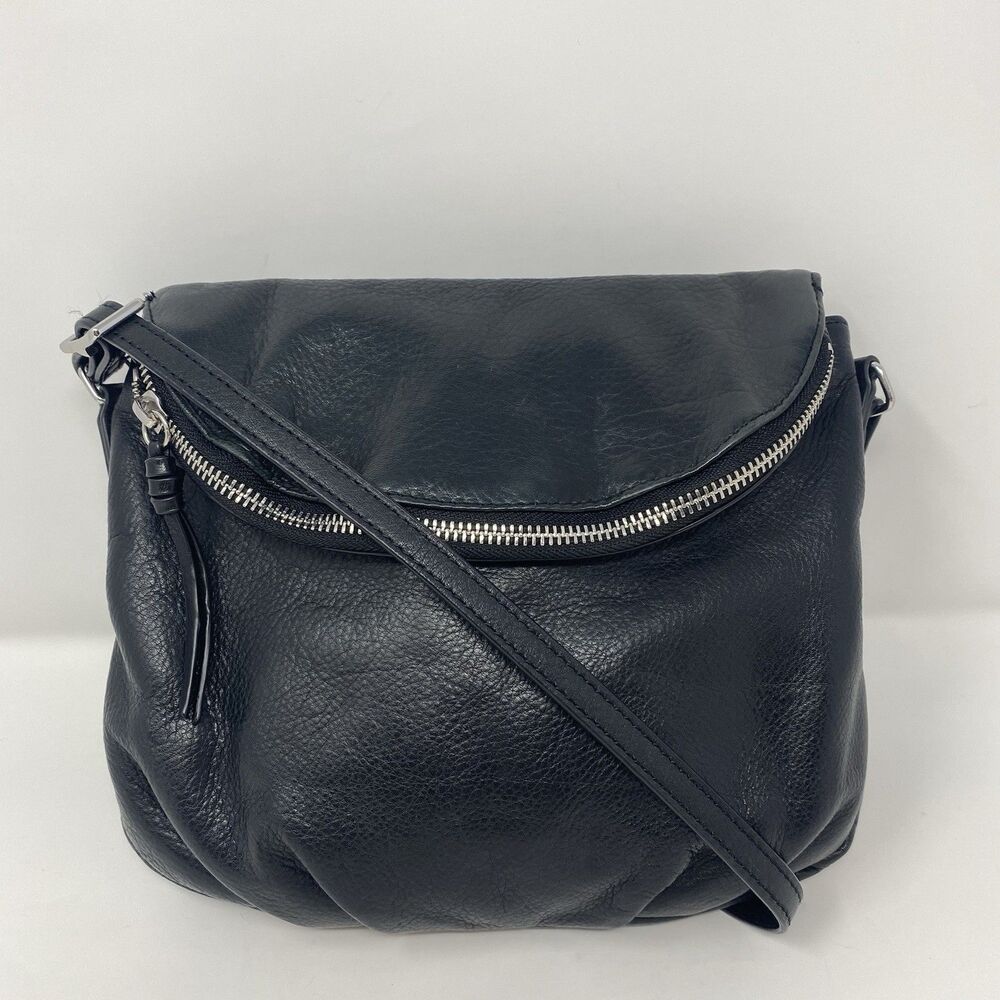 Margot Natalie Black Pebbled Leather Foldover Crossbody Bag Adjustable Boho Art